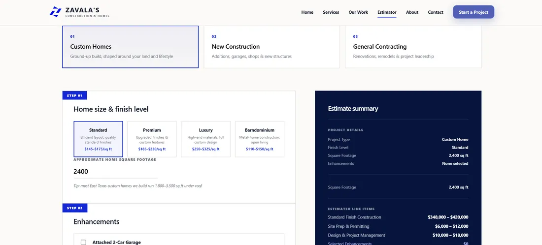 Estimator page preview